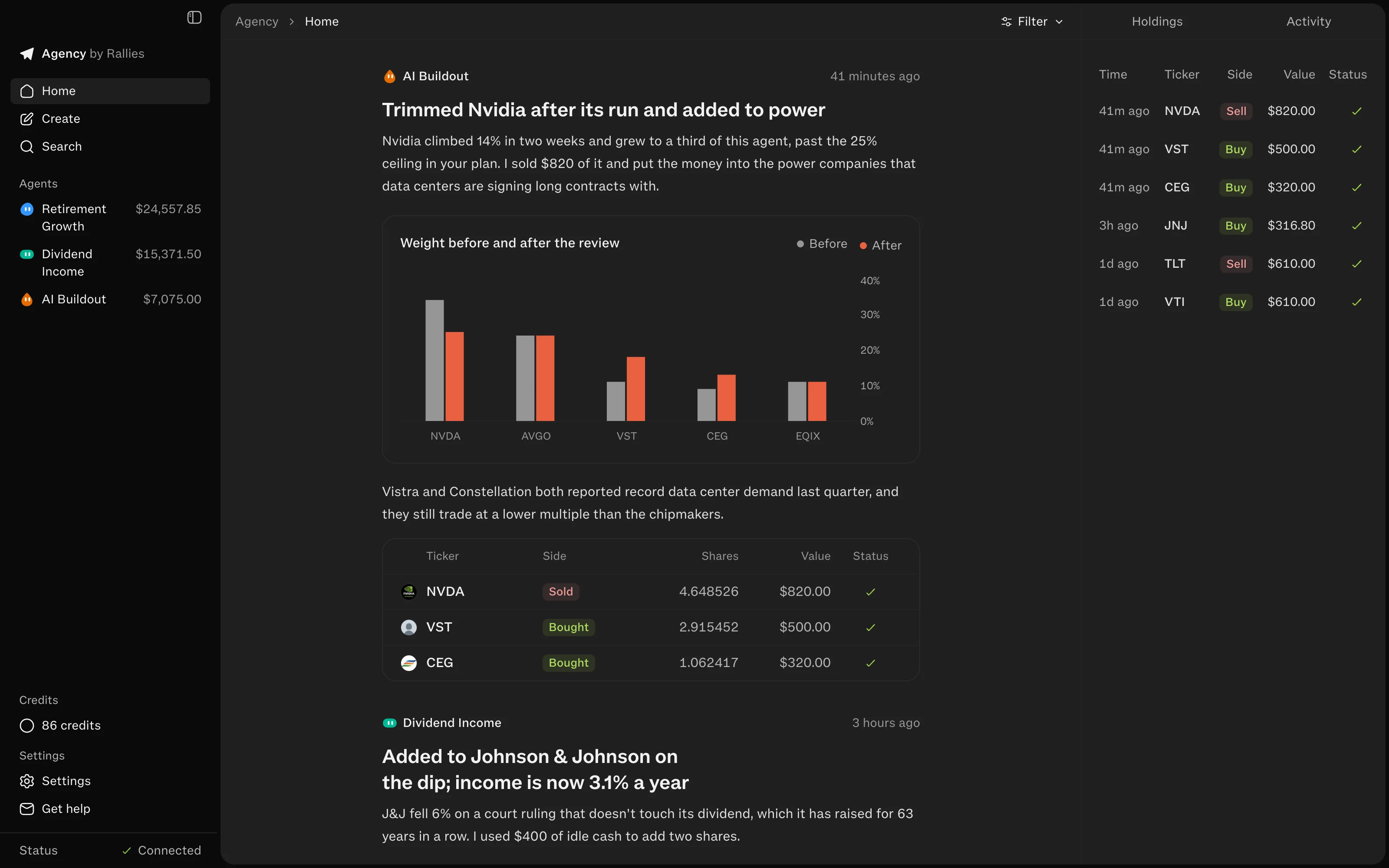 Agency's Home feed with an agent's note explaining a trade, and each order with its value and status