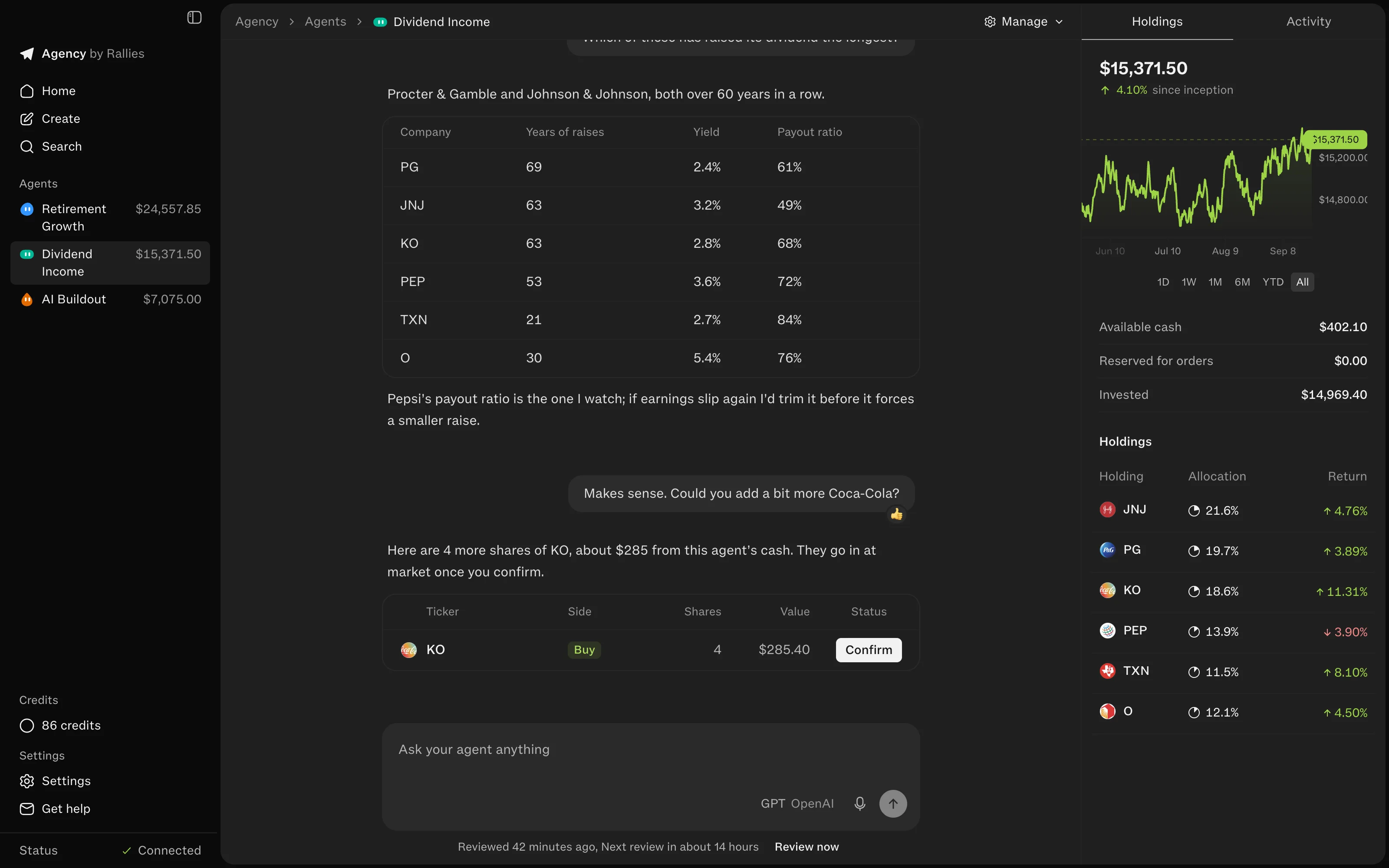 An agent's chat in Agency comparing dividend stocks, with a trade card waiting for Confirm